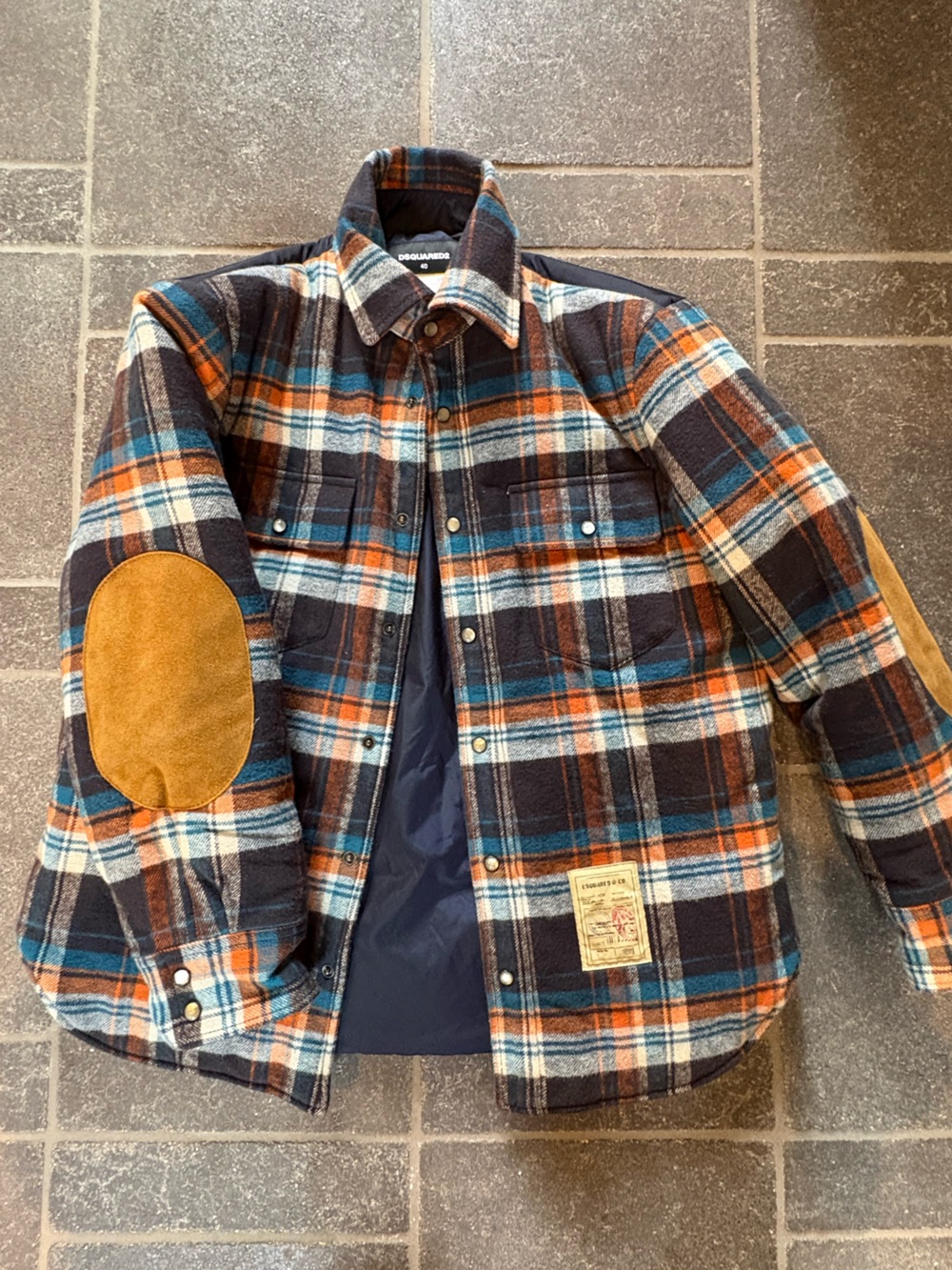 DSQUARED2 Navy Plaid Puffer Jacket with Orange and Teal Stripes
